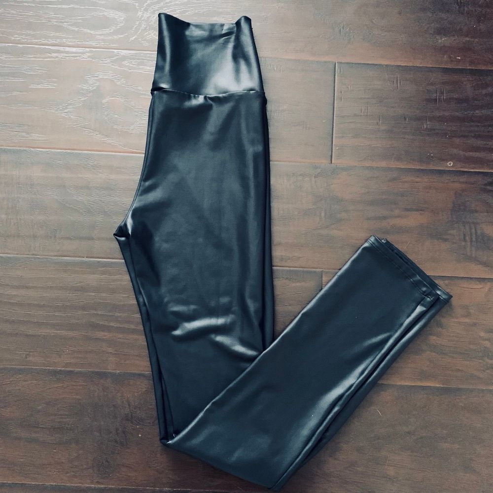 Women’s Sexy Rocker Platinum Black High Waisted Faux Leather Leggings | Size: S